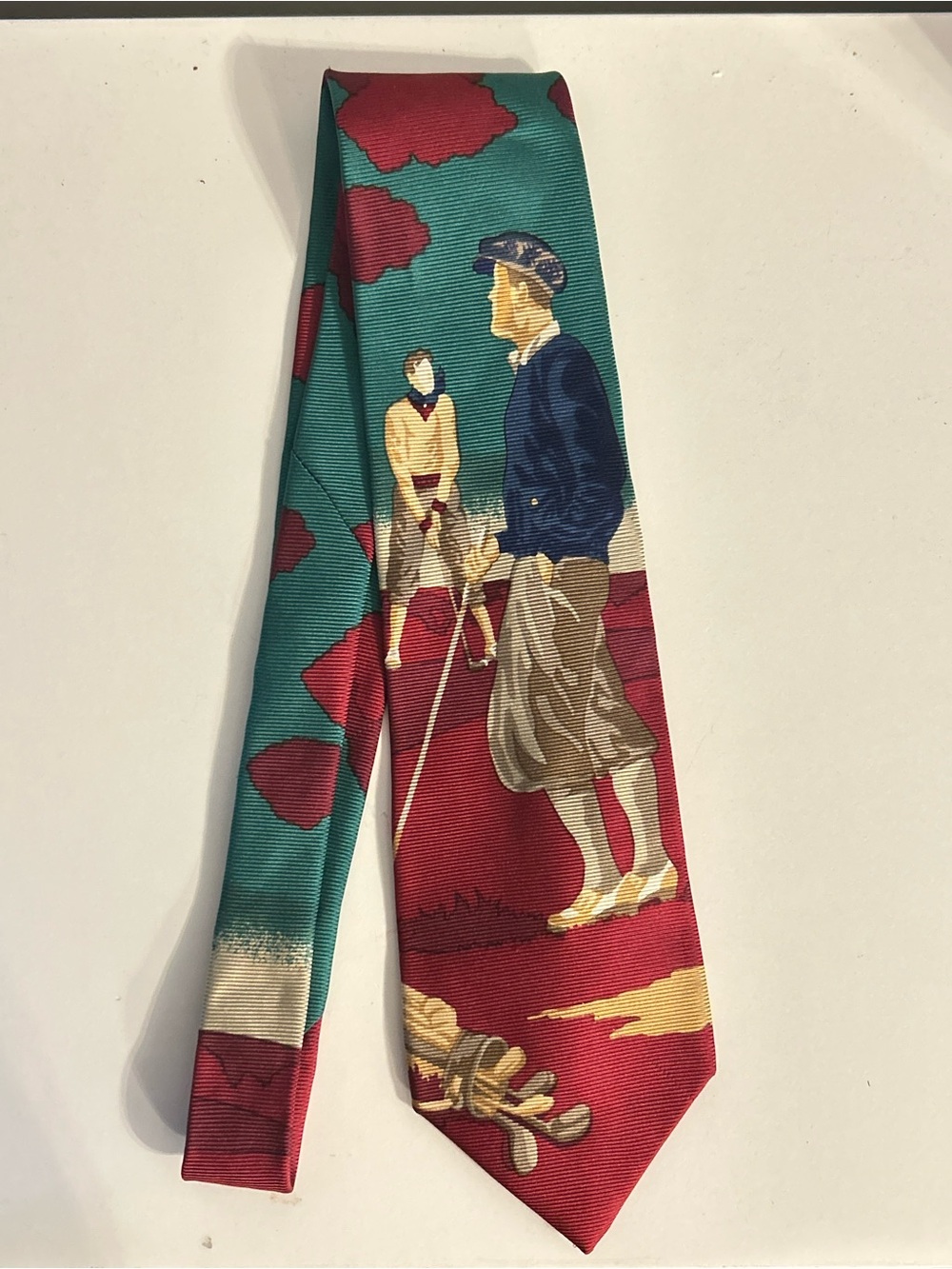 Vintage Men's Silk Novelty Golf Tie Burgundy Teal Beige Repp Rep Woven 1920βs
